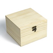 Unfinished Wooden Storage box, Natural Pinewood Gift Box, with Retro Iron Clasp, Square, Light Yellow, 17x17x11.2cm(CON-C008-05B)