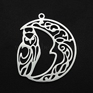 201 Stainless Steel Pendants, Laser Cut, Hollow, Moon with Owl, Stainless Steel Color, 35x29x1mm, Hole: 1.6mm(STAS-N090-JA703)