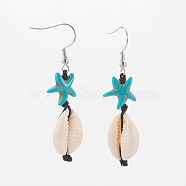 Cowrie Shell Dangle Earrings, with Synthetic Turquoise Starfish/Sea Stars Beads, Nylon Thread, Brass Earring Hooks, Seashell Color, 50~57mm, Pin: 0.7mm(EJEW-JE02922)