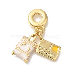 Brass Enamel European Dangle Charms, Luggage & Ticket Large Hole Pendants, Real 16K Gold Plated, White, 31mm, Hole: 4.5mm(KK-R002-22G-02)