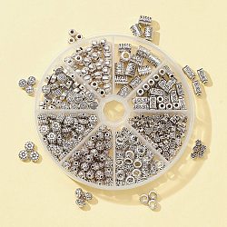 372Pcs 8 Style Tibetan Style Alloy Beads, Flower & Round & Rondelle & Column & Barrel & Cuboid & Flat Round, Antique Silver, 6~10.5x3.5~7mm, Hole: 1~3.5mm(FIND-FS0001-32)