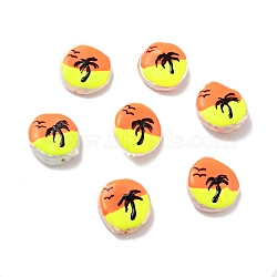 Flat Round Enamel Natural Pearl Beads, Coconut Tree Pattern, Yellow, 17x16x5mm, Hole: 1mm(BSHE-G028-01C)
