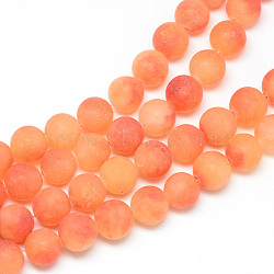 Natural White Jade Bead Strands, Dyed, Frosted, Round, Coral, 10~11mm, Hole: 1.5mm, about 38~39pcs/strand, 14.9 inch(X-G-R297-10mm-43)