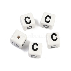 Porcelain Beads, Square with Letter, Letter C, 8.5x8.5x8.5mm, Hole: 1.6mm(PORC-R003-08C)