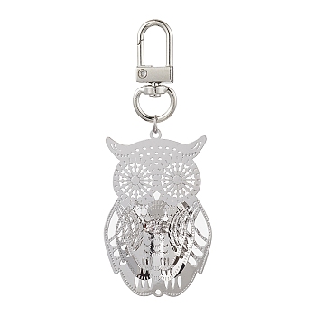 Brass Pendant Decorations, with Alloy Swivel Clasps, Platinum, Owl, 88mm