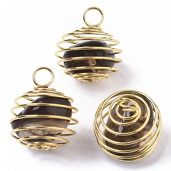 Iron Wrap-around Spiral Bead Cage Pendants, with Natural Smoky Quartz Beads inside, Round, Golden, 21x24~26mm, Hole: 5mm