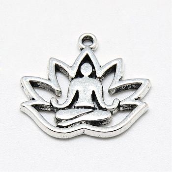 Tibetan Style Alloy Yoga Theme Pendants, Lotus, Cadmium Free & Lead Free, Antique Silver, 16.5x18x1.5mm, Hole: 1mm, about 840pcs/1000g