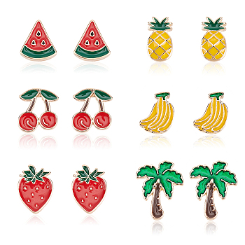 6 Pair 6 Style Watermelon & Cherry & Banana & Tree Enamel Stud Earrings Set, Light Gold Alloy Fruit Theme Jewelry for Women, Mixed Color, 12~17x8~13.5mm, Pin: 0.6mm, 1 Pair/style