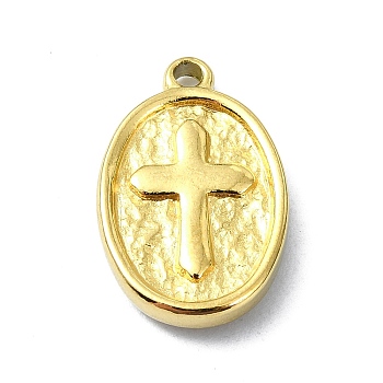 Ion Plating(IP) 304 Stainless Steel Pendants, Real 18K Gold Plated, Oval with Cross, 16.5x10.5x2.5mm, Hole: 1.5mm