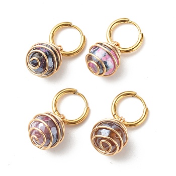 Round Natural Agate Beads Dangle Huggie Hoop Earrings, Spiral Wire Wrap Stone Beads Drop Earrings for Women, Golden, Indigo, 30mm, Pin: 1mm