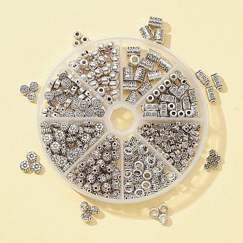 372Pcs 8 Style Tibetan Style Alloy Beads, Flower & Round & Rondelle & Column & Barrel & Cuboid & Flat Round, Antique Silver, 6~10.5x3.5~7mm, Hole: 1~3.5mm