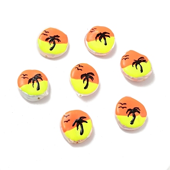 Flat Round Enamel Natural Pearl Beads, Coconut Tree Pattern, Yellow, 17x16x5mm, Hole: 1mm
