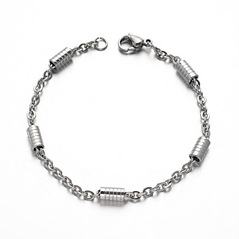 304 Stainless Steel Cable Chain Bracelets, with Tube Beads and Lobster Claw Clasps, Stainless Steel Color, 7-5/8 inch(195mm), 3mm