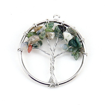 Natural Moss Agate Tree fo Life Pendants, Iron Ring Chip Gems Tree Charms, Platinum, 30mm