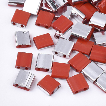 Electroplate Opaque Glass Seed Beads, 2-Hole, Rectangle, Silver Plated, Red, 5x4.5~5.5x2~2.5mm, Hole: 0.5~0.8mm