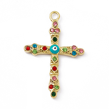 Vacuum Plating 201 Stainless Steel Enamel Pendants, with Rhinestone, Real 18K Gold Plated, Cross with Evil Eye Charms, Colorful, 40x26.5x4mm, Hole: 2.7mm