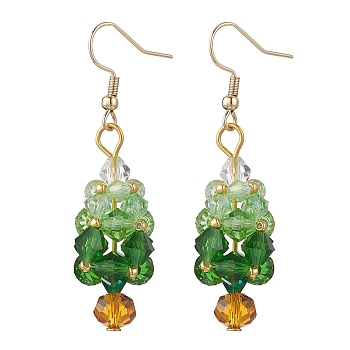 Stainless Steel Glass Dangle Earrings, Christmas Trees, Golden, Green, 54~55x13mm