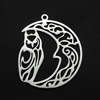 201 Stainless Steel Pendants, Laser Cut, Hollow, Moon with Owl, Stainless Steel Color, 35x29x1mm, Hole: 1.6mm
