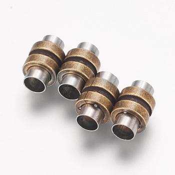 304 Stainless Steel Magnetic Clasps with Glue-in Ends, Column, Antique Bronze, 16x10mm, Hole: 6mm