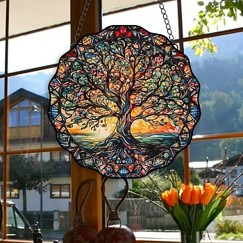 Flat Round Stained Acrylic Hanging Suncatchers, for Outdoor Garden Windows Decoration, Tree of Life, Pendant: 150x30mm