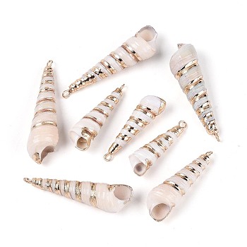 Electroplate Natural Spiral Shell Pendants, Shell Shape Charms, with Brass Loops, Golden, Seashell Color, 31~48x9~13x9~13mm, Hole: 1.8~2mm