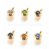 304 Stainless Steel Rhinestone Charms, July Birthstone Charms, Flat Round, Mixed Color, 9.3x6.5x4mm, Hole: 2mm(STAS-P237-10G-M)