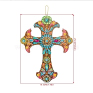 DIY Religion Theme Diamond Pendant Decoration Kits, Including Canvas, Resin Rhinestones, Diamond Sticky Pen, Tray Plate and Glue Clay, Cross, Flower Pattern, 250x195mm(DIAM-PW0004-102A-01)