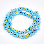 Handmade Evil Eye Lampwork Beads Strands, Flat Round, Sky Blue, 7.5~8x3~4mm, Hole: 1mm, about 48pcs/strand, 13.7 inch~14.9 inch(X-LAMP-S191-02B-14)