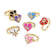 Adjustable Brass Micro Pave Colorful Cubic Zirconia Finger Rings, with Enamel, Nickel Free, Heart, Real 16K Gold Plated, Mixed Color, US Size 6 3/4(17mm)(RJEW-S044-163-NF)