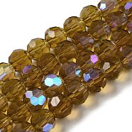 Electroplate Transparent Glass Beads Strands, Faceted, Round, Rainbow Plated, Dark Goldenrod, 8mm, Hole: 1mm, about 66~69pcs/strand, 19.29~19.57 inch(49~49.7cm)(EGLA-A035-T8mm-L04)