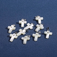 Natural White Shell Pendants, Cross Charms with Platinum Plated Metal Snap on Bails, White, 20x14x4mm(PW-WG99836-01)