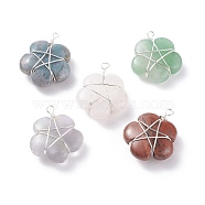 Natural Gemstone Pendants, with Copper Wire Wrapped, Flower, Platinum, 23.5~26x20x8~9.5mm, Hole: 2mm(PALLOY-JF01415-02)