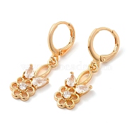 Rack Plating Golden Brass Dangle Leverback Earrings, with Cubic Zirconia, Flower, Clear, 33.5x8.5mm(EJEW-B037-18G)