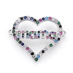 Brass Micro Pave Cubic Zirconia Links, For Mother's Day Jewelry Making, Heart with Word Mama, Colorful, Platinum, 22x27.5x4mm, Hole: 1.2mm(ZIRC-F093-03P)