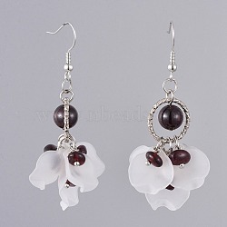 Dangle Earrings, with Natural Garnet Chip Beads, Frosted Acrylic Pendants, Brass Earring Hooks and Iron Finding, Flower, 58~61mm, Pin: 0.6mm(X-EJEW-JE04033-04)