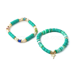 Handmade Polymer Clay Stretch Bracelets Sets, with Millefiori Glass Beads and Pearl Beads, Brass Beads and Cross Charm, Dark Cyan, Inner Diameter: 2-1/8 inch(5.5cm), 2pcs/set(BJEW-JB06350-05)