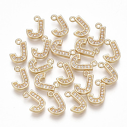 Brass Cubic Zirconia Charms, Letter, Clear, Real 18K Gold Plated, Letter.J, 10x7x1.5mm, Hole: 1mm(KK-S348-330J)