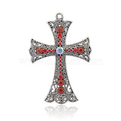 Antique Silver Tone Cross Alloy Rhinestone Big Pendants, Light Siam, 72x50x8mm, Hole: 3mm(RB-J026-38AS)