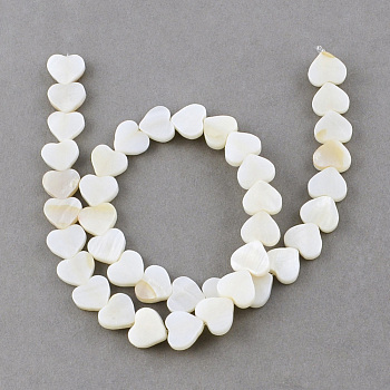 Natural Sea Shell Beads Strands, Heart, Creamy White, 10x10~11x3mm, Hole: 0.8~0.9mm, about 40pcs/strand, 14.1 inch