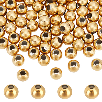 100Pcs Round Vacuum Plating 304 Stainless Steel Beads, Golden, 8mm, Hole: 3mm