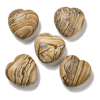Natural Picture Jasper Statues Ornaments, Love Heart Stone for Reiki Energy Balancing Meditation Gift, 42~44.5x45x19.5~23mm