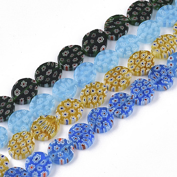 Handmade Millefiori Glass Beads Strands, Oval, Mixed Color, 12.5~15x11~13x4.5~5mm, Hole: 1.2mm, about 31~36pcs/Strand, 17.91 inch~18.23 inch
