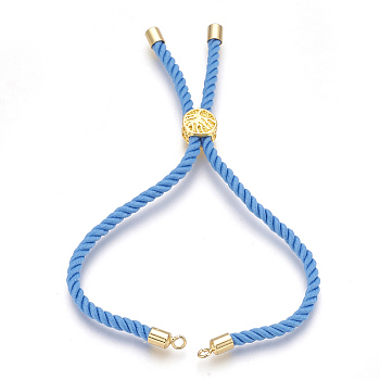 Cotton Cord Bracelet Making, with Brass Findings, Flat Round with Tree of Life, Real 18K Gold Plated, Dodger Blue, 8-5/8 inch(22cm), Hole: 2mm