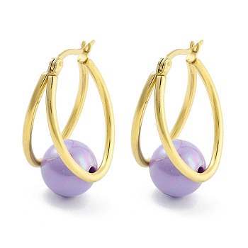 Ion Plating(IP) 304 Stainless Steel & Plastic Imitation Pearl Oval with Ball Hoop Earrings for Women, with 316 Stainless Steel Pins, Medium Purple, 32x15.5x19.5mm