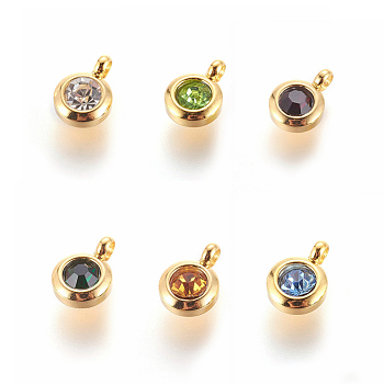 304 Stainless Steel Rhinestone Charms, July Birthstone Charms, Flat Round, Mixed Color, 9.3x6.5x4mm, Hole: 2mm