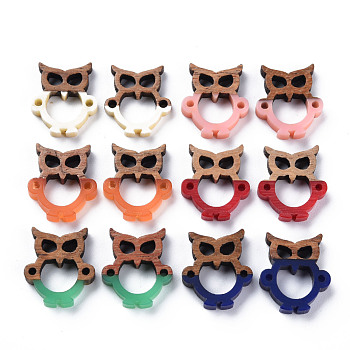 Opaque Resin & Walnut Wood Links Connectors, Two Tone, Owl, Mixed Color, 17x14.5x3.5mm, Hole: 1.5mm