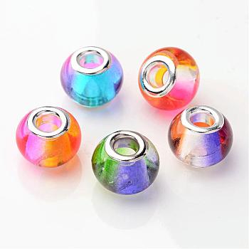Spray Painted Two Tone Glass European Beads, with Brass Cores, Large Hole Beads, Rondelle, Silver Color Plated, Mixed Color, 15x12mm, Hole: 5mm