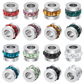 32Pcs 8 Colors 304 Stainless Steel Rhinestone Beads, Column, Mixed Color, 7x5mm, Hole: 3mm, 4pcs/color