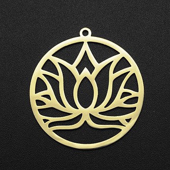 201 Stainless Steel Pendants, Laser Cut, Ring with Lotus, Golden, 32x30x1mm, Hole: 1.6mm