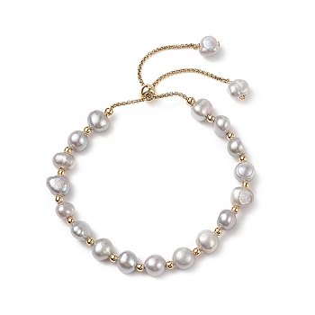 Dyed Natural Pearl & Brass Round Beaded Slider Bracelet, Adjustable Bracelet with Golden 304 Stainless Steel Box Chains for Women, Light Grey, Inner Diameter: 1-3/4~3 inch(4.5~7.5cm)